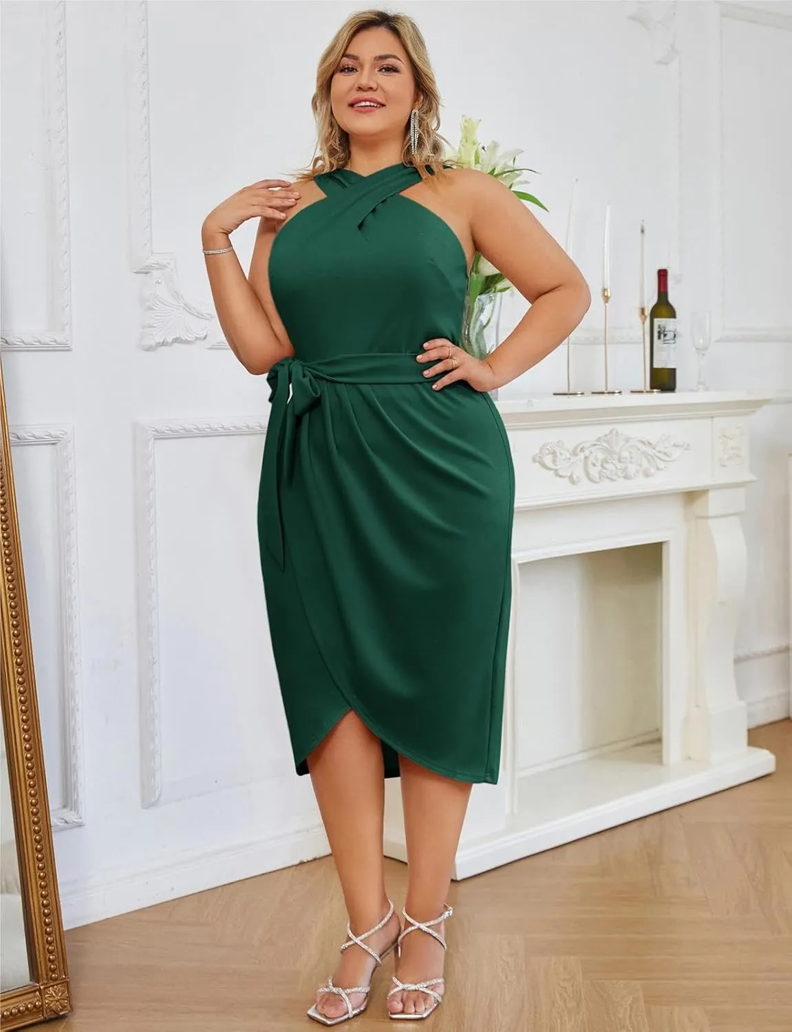 Hanna Nikole Plus Size Dresses for Curvy Women Halterneck Sleeveless Wrap Front Ruched Bodycon Dress Party Dress