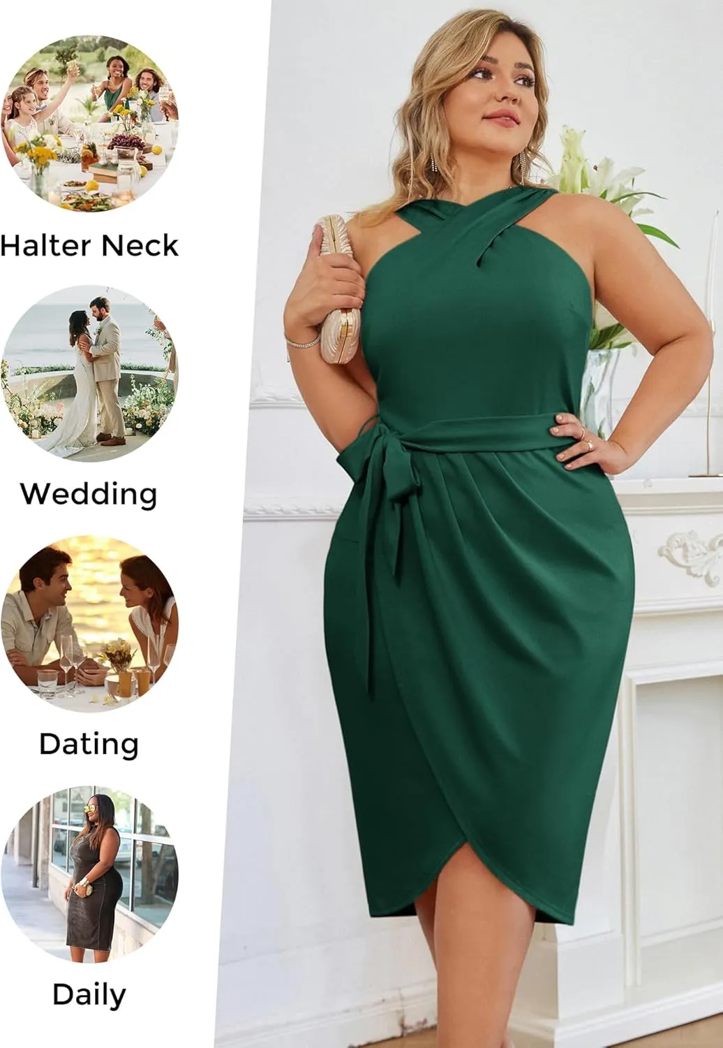 Hanna Nikole Plus Size Dresses for Curvy Women Halterneck Sleeveless Wrap Front Ruched Bodycon Dress Party Dress