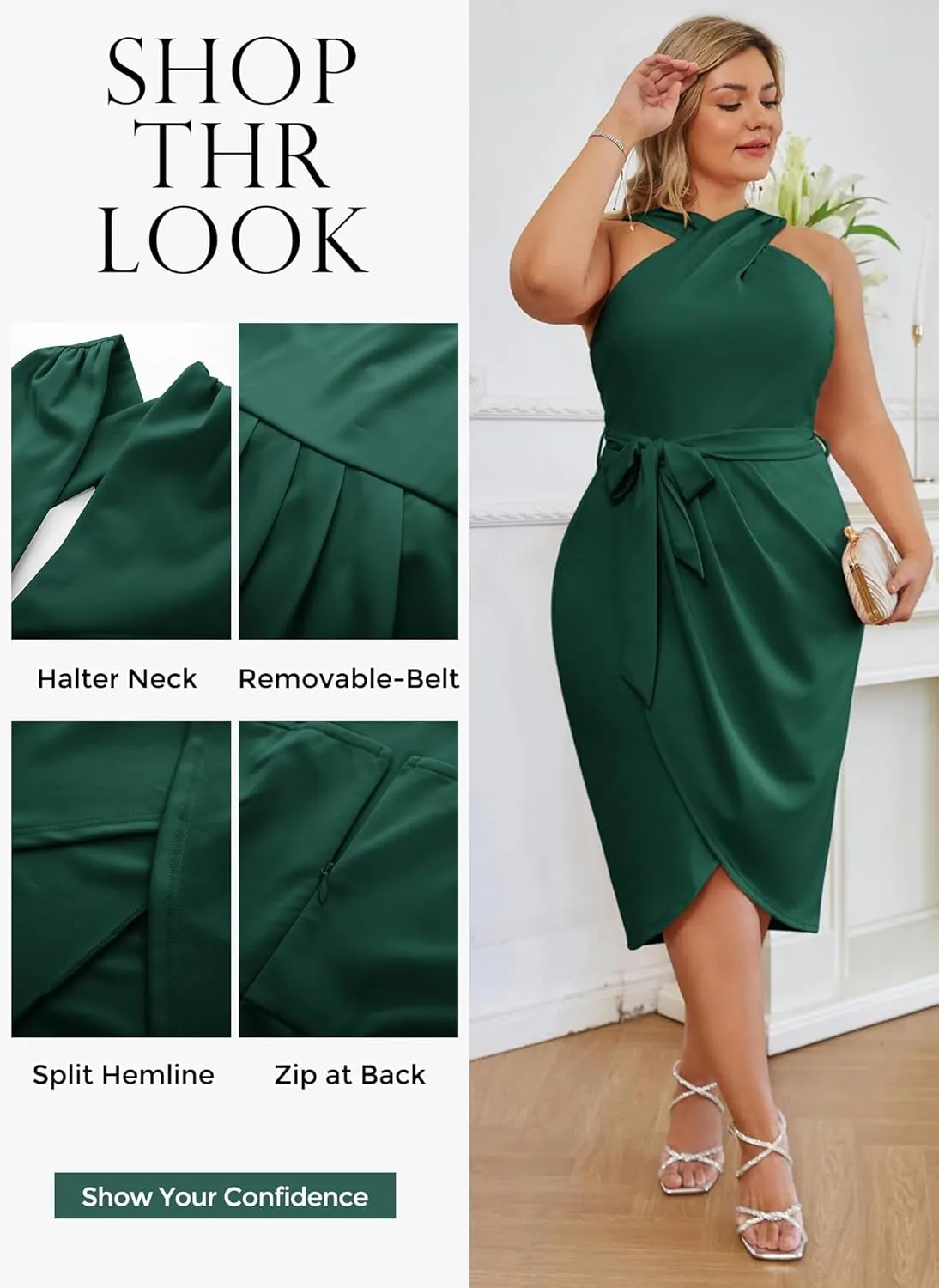 Hanna Nikole Plus Size Dresses for Curvy Women Halterneck Sleeveless Wrap Front Ruched Bodycon Dress Party Dress