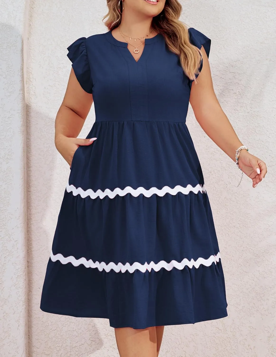 Hanna Nikole Women Plus Size Ruffle Sleeve Casual Dress Empire Waist Knee Length Beach Dresses with Pockets