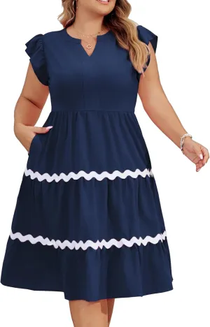 Hanna Nikole Women Plus Size Ruffle Sleeve Casual Dress Empire Waist Knee Length Beach Dresses with Pockets