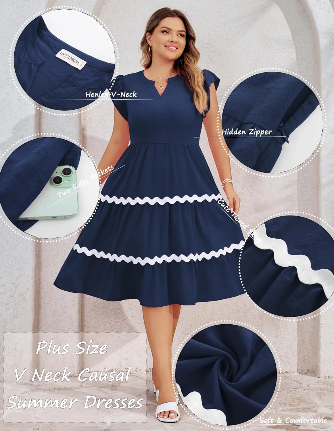 Hanna Nikole Women Plus Size Ruffle Sleeve Casual Dress Empire Waist Knee Length Beach Dresses with Pockets