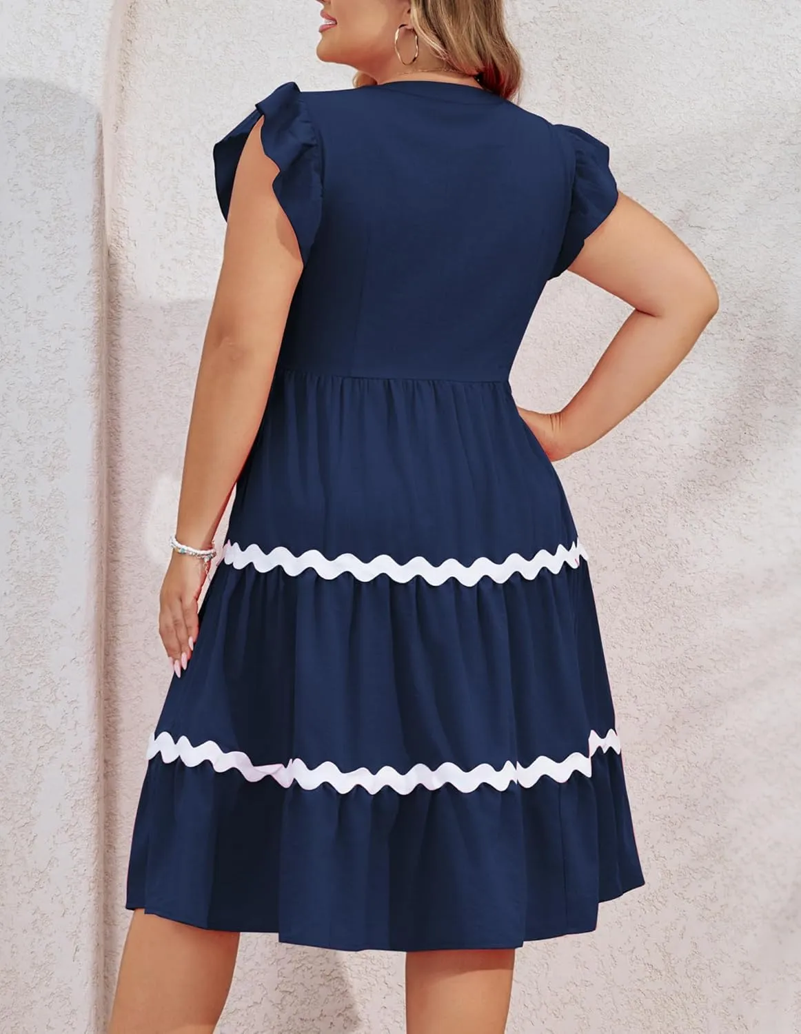 Hanna Nikole Women Plus Size Ruffle Sleeve Casual Dress Empire Waist Knee Length Beach Dresses with Pockets
