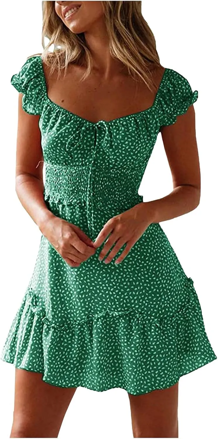 HGOOGY Polka Dot Dress for Women Summer Cap Sleeve Mini Dresses Casual Ruffle Sundresses Plus Size Flowy Bohemian