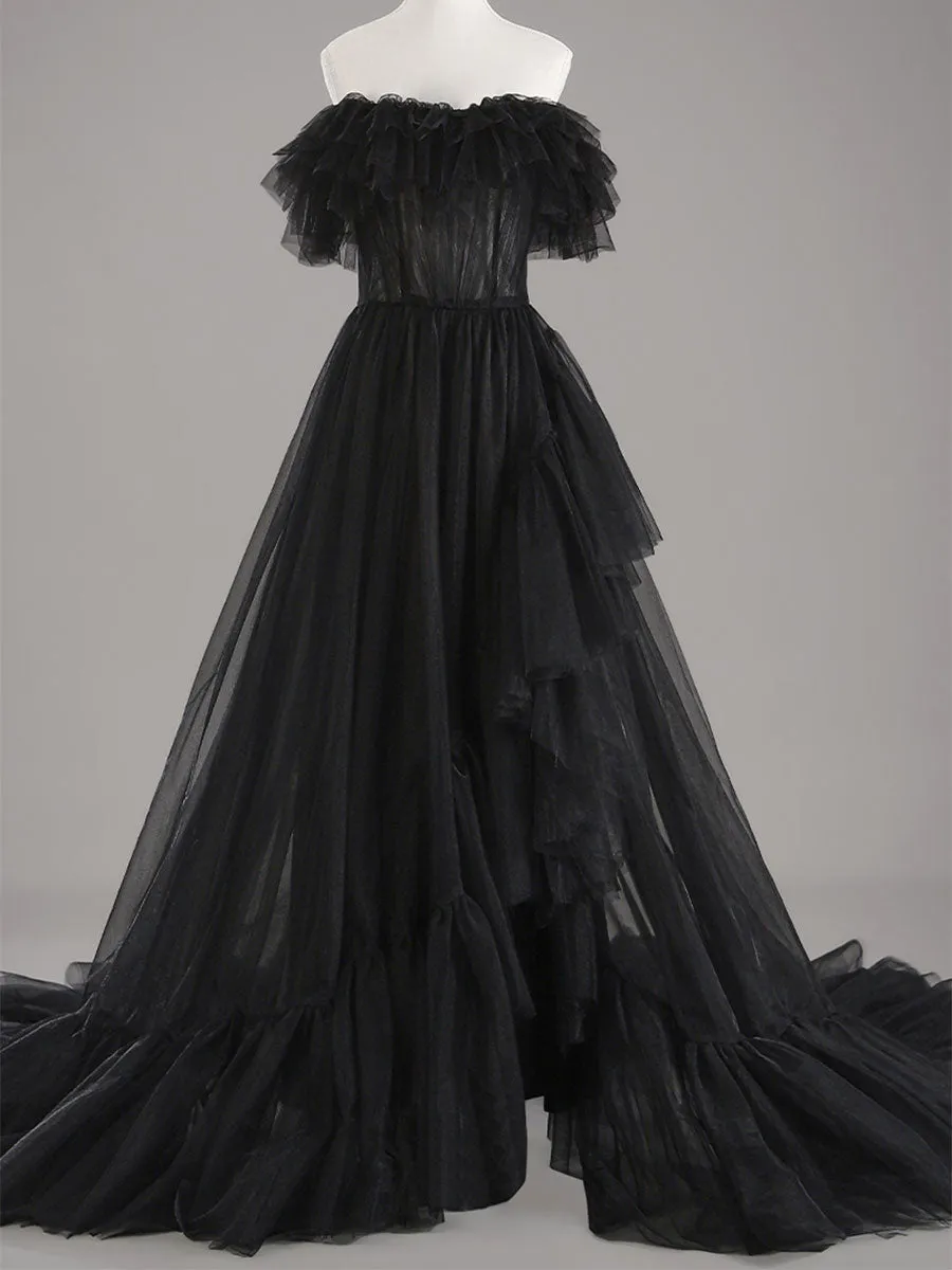High Low Black Wedding Dress Cheap A line Tulle