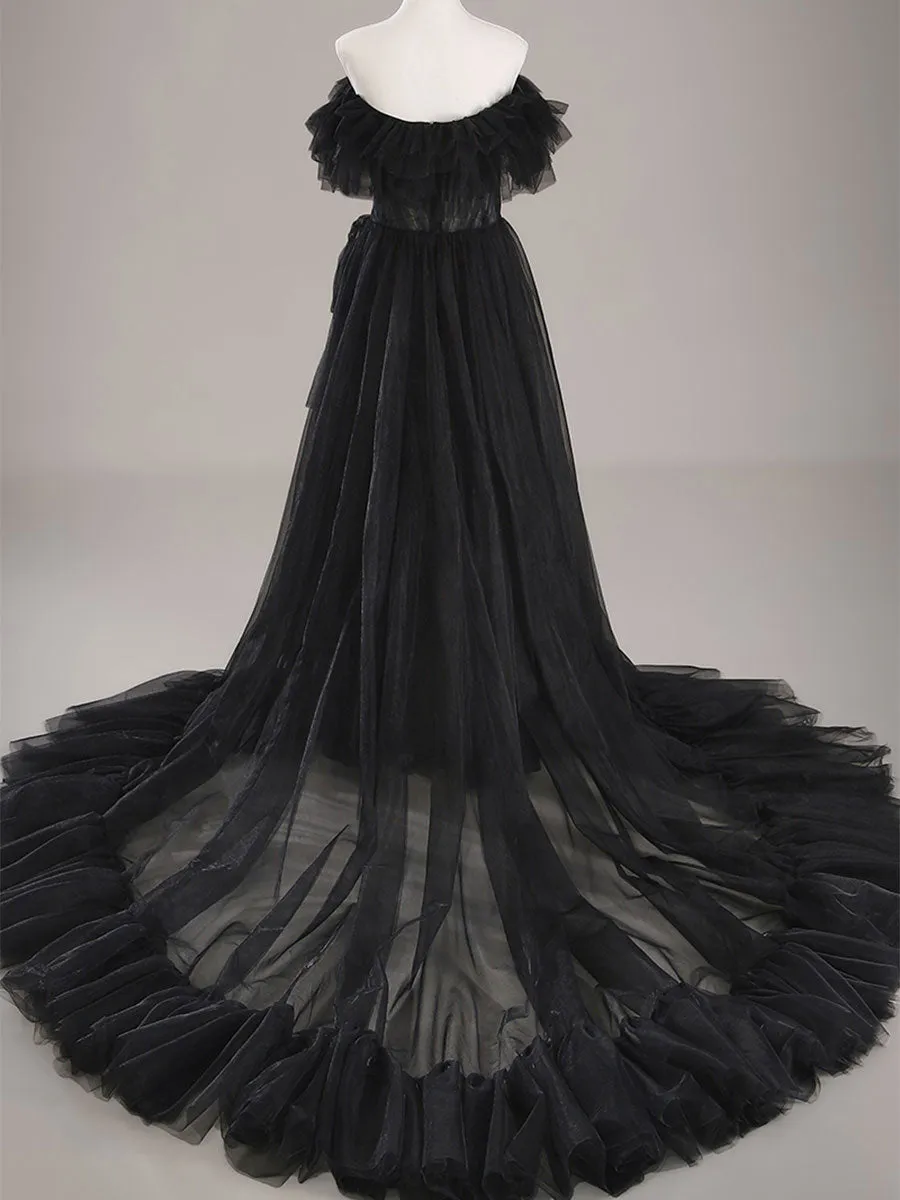 High Low Black Wedding Dress Cheap A line Tulle