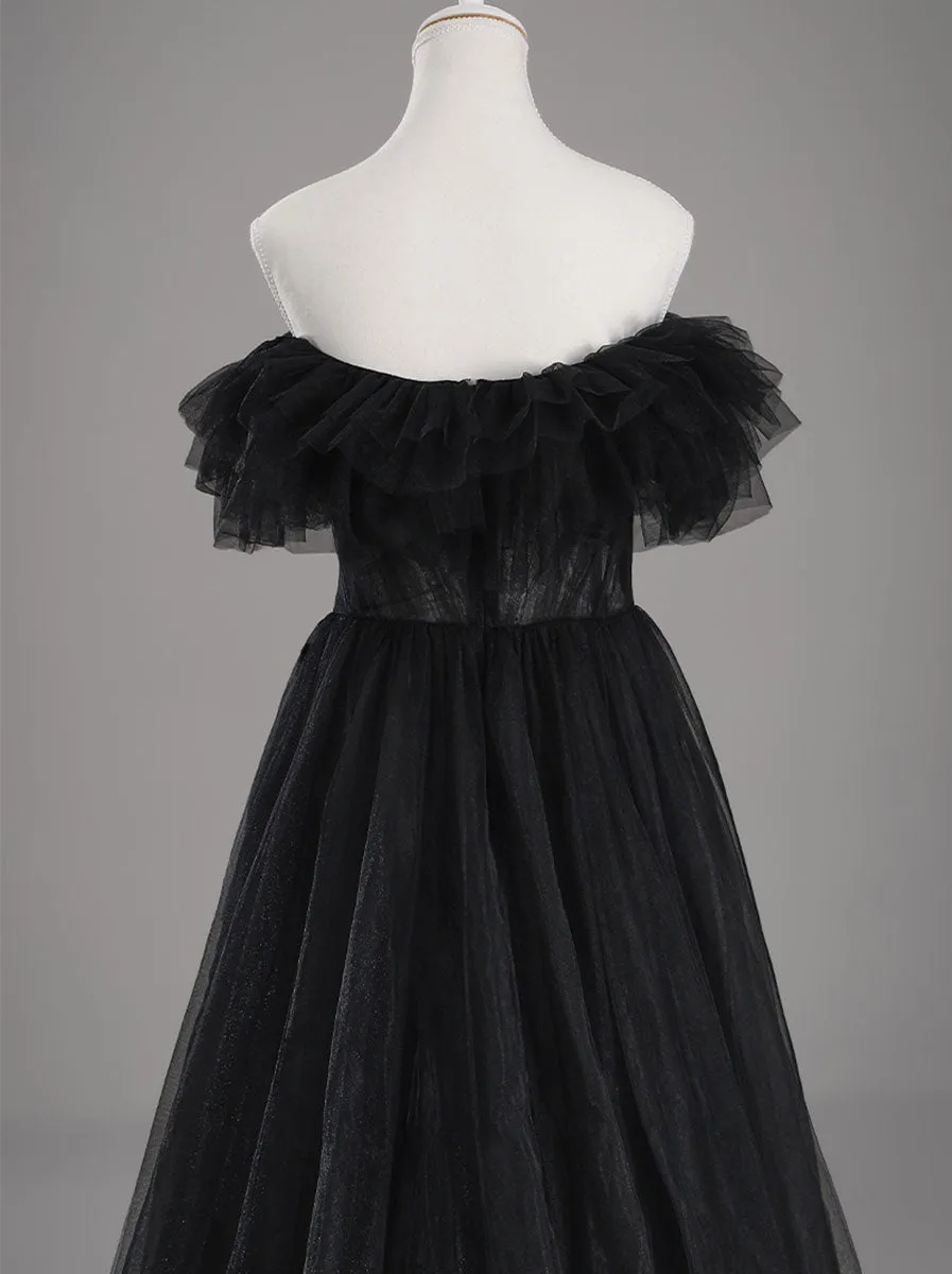 High Low Black Wedding Dress Cheap A line Tulle