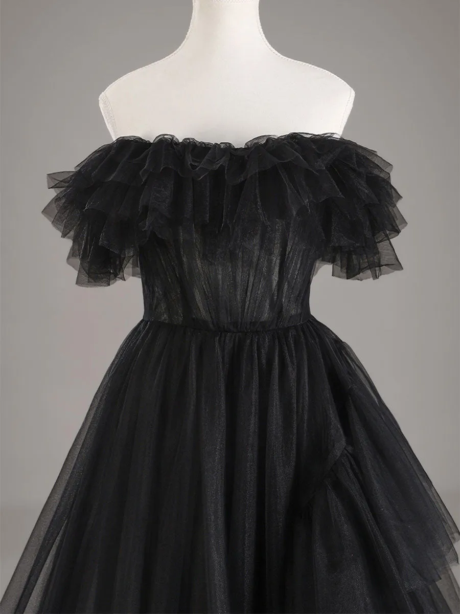 High Low Black Wedding Dress Cheap A line Tulle