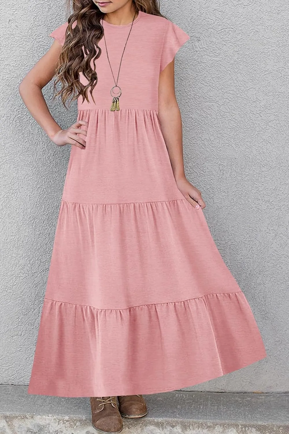 HOSIKA Girls Summer Casual Ruffle Short Sleeve Crewneck Aline Flowy Tiered Beach Maxi Sundress with Pockets for 6-12 Y