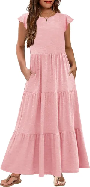 HOSIKA Girls Summer Casual Ruffle Short Sleeve Crewneck Aline Flowy Tiered Beach Maxi Sundress with Pockets for 6-12 Y