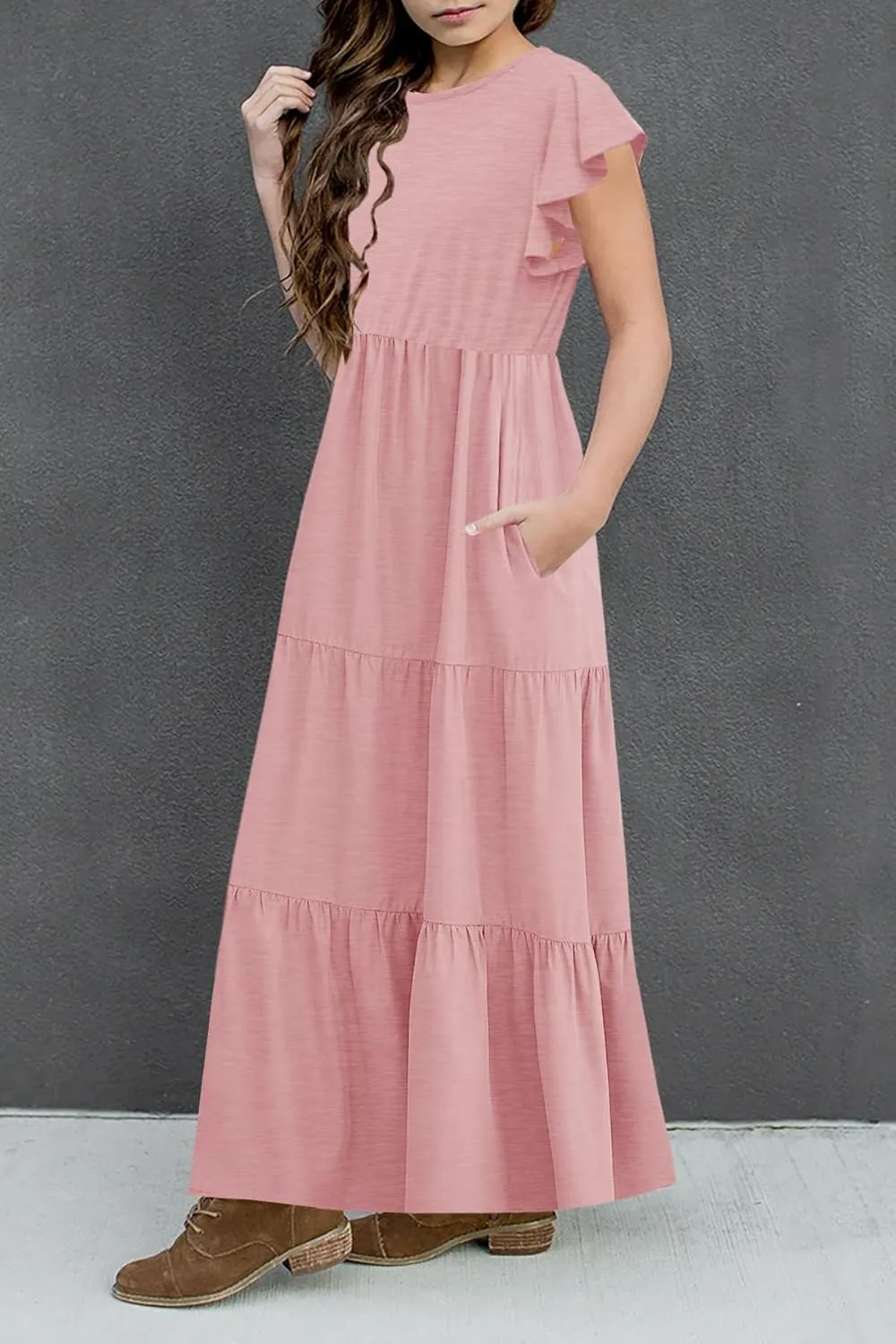 HOSIKA Girls Summer Casual Ruffle Short Sleeve Crewneck Aline Flowy Tiered Beach Maxi Sundress with Pockets for 6-12 Y