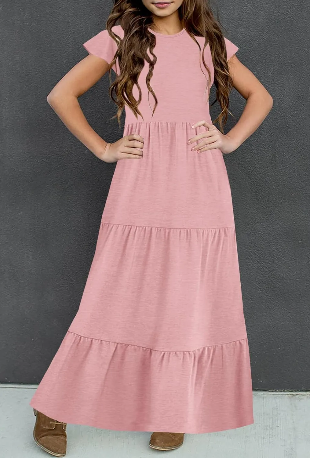 HOSIKA Girls Summer Casual Ruffle Short Sleeve Crewneck Aline Flowy Tiered Beach Maxi Sundress with Pockets for 6-12 Y