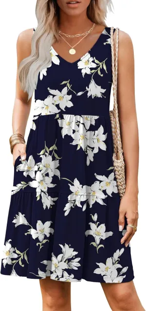 Hount Womens Summer Casual Dresses 2025 V Neck Sleeveless Beach Sundresses Flowy Tiered Tank T Shirt Dress with Pockets