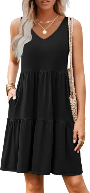 Hount Womens Summer Casual Dresses 2025 V Neck Sleeveless Beach Sundresses Flowy Tiered Tank T Shirt Dress with Pockets