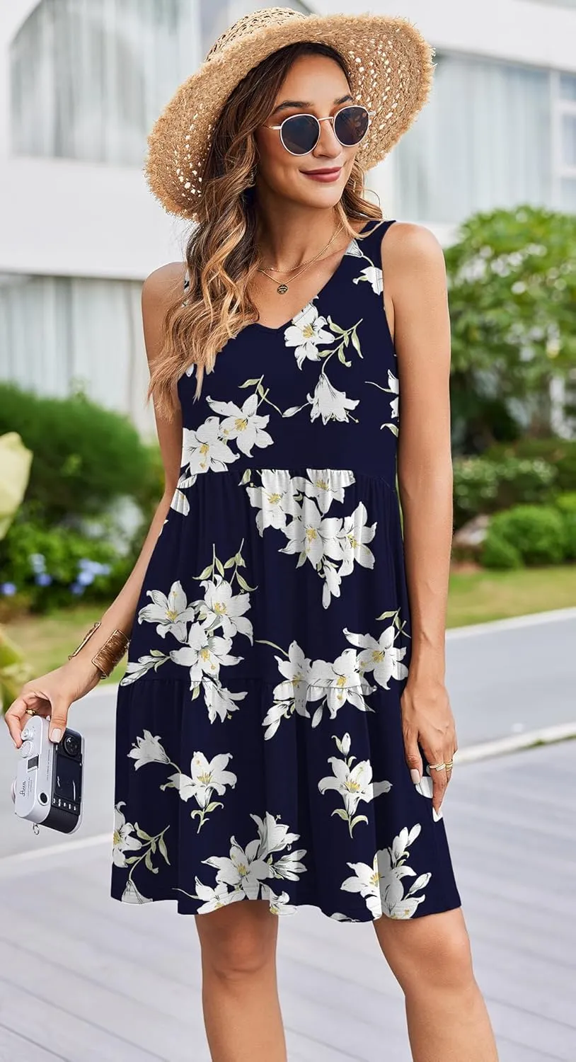 Hount Womens Summer Casual Dresses 2025 V Neck Sleeveless Beach Sundresses Flowy Tiered Tank T Shirt Dress with Pockets