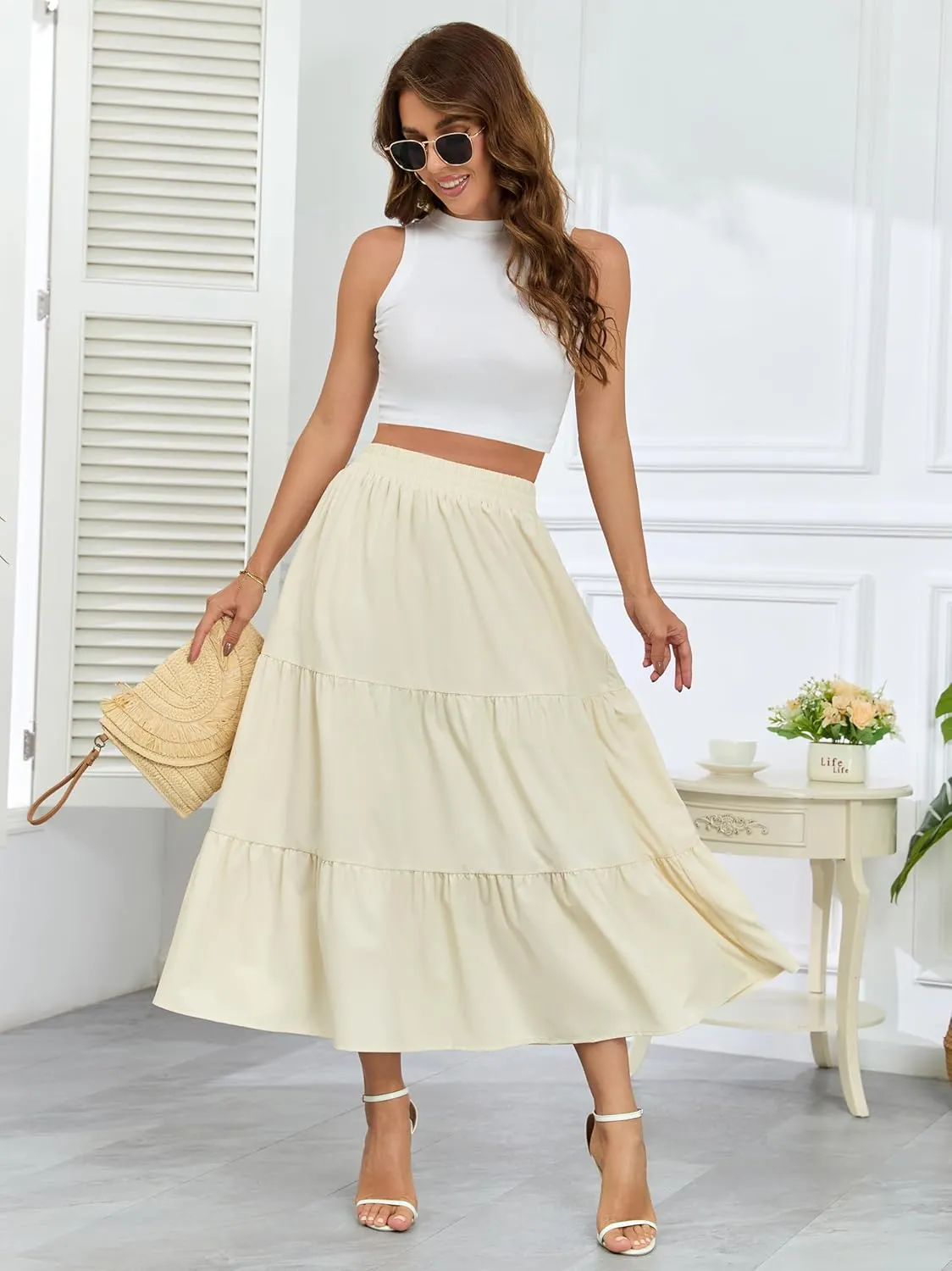 HUSKARY Women Summer Maxi Skirt Casual Elastic High Waist Pleated A-Line Flowy Swing Tiered Beach Vacation Skirts