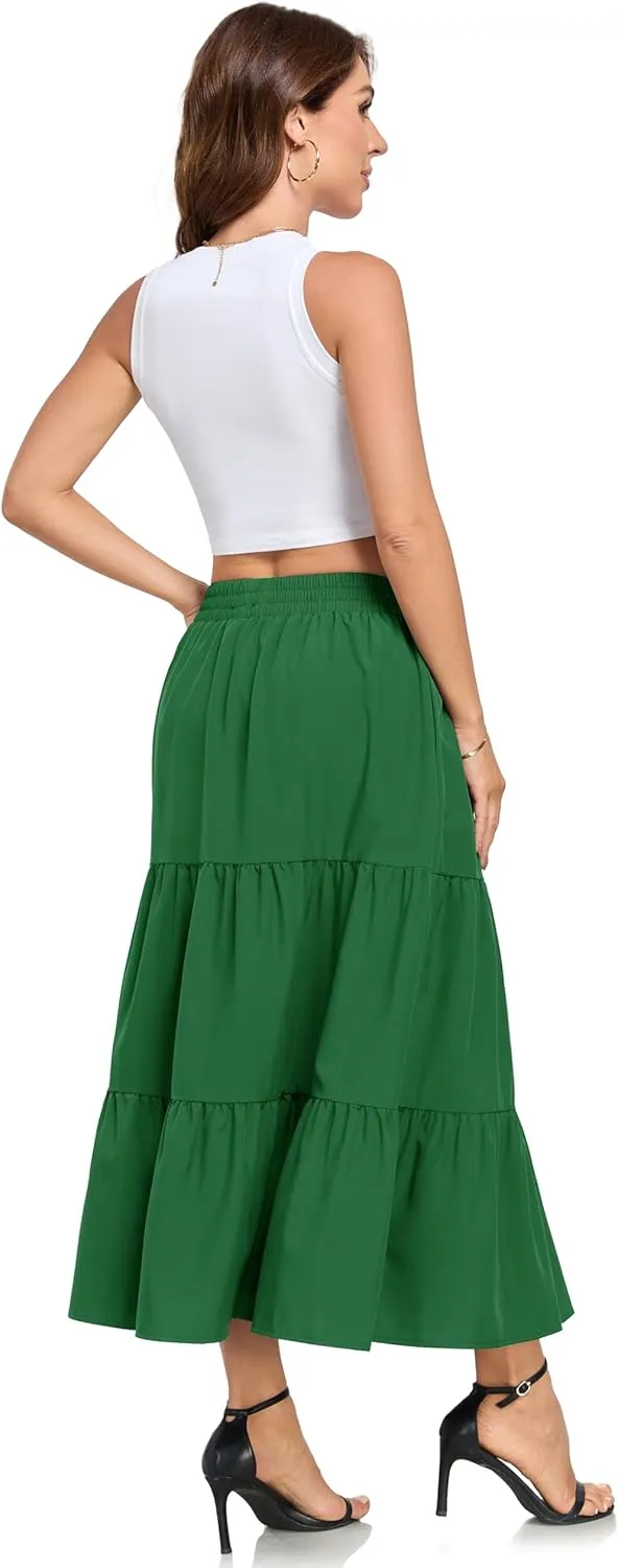 HUSKARY Women Summer Maxi Skirt Casual Elastic High Waist Pleated A-Line Flowy Swing Tiered Beach Vacation Skirts