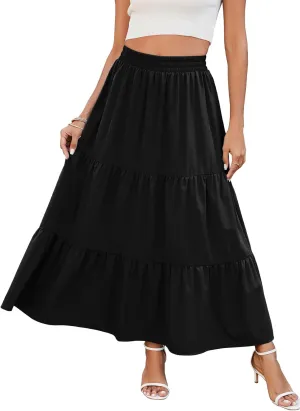 HUSKARY Women Summer Maxi Skirt Casual Elastic High Waist Pleated A-Line Flowy Swing Tiered Beach Vacation Skirts