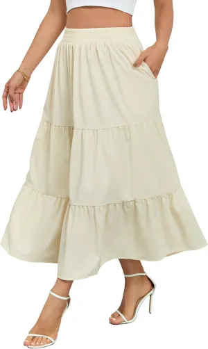 HUSKARY Women Summer Maxi Skirt Casual Elastic High Waist Pleated A-Line Flowy Swing Tiered Beach Vacation Skirts