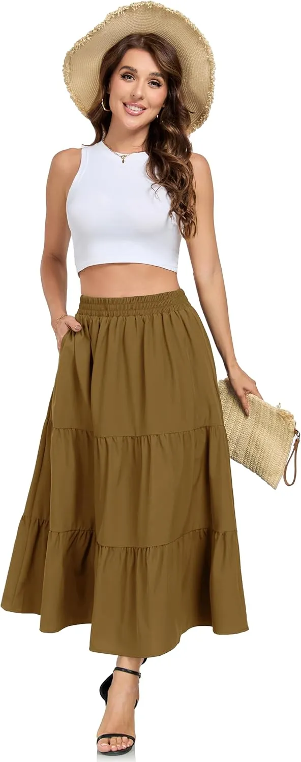 HUSKARY Women Summer Maxi Skirt Casual Elastic High Waist Pleated A-Line Flowy Swing Tiered Beach Vacation Skirts