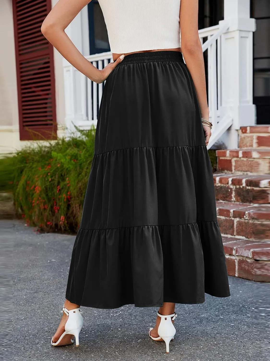 HUSKARY Women Summer Maxi Skirt Casual Elastic High Waist Pleated A-Line Flowy Swing Tiered Beach Vacation Skirts