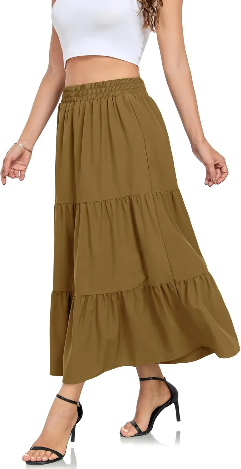 HUSKARY Women Summer Maxi Skirt Casual Elastic High Waist Pleated A-Line Flowy Swing Tiered Beach Vacation Skirts
