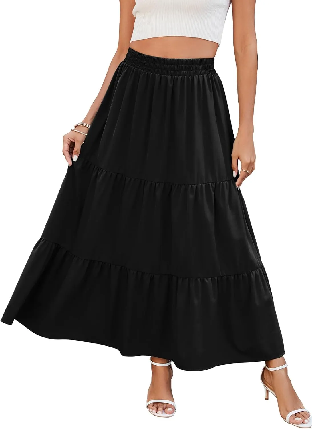 HUSKARY Women Summer Maxi Skirt Casual Elastic High Waist Pleated A-Line Flowy Swing Tiered Beach Vacation Skirts
