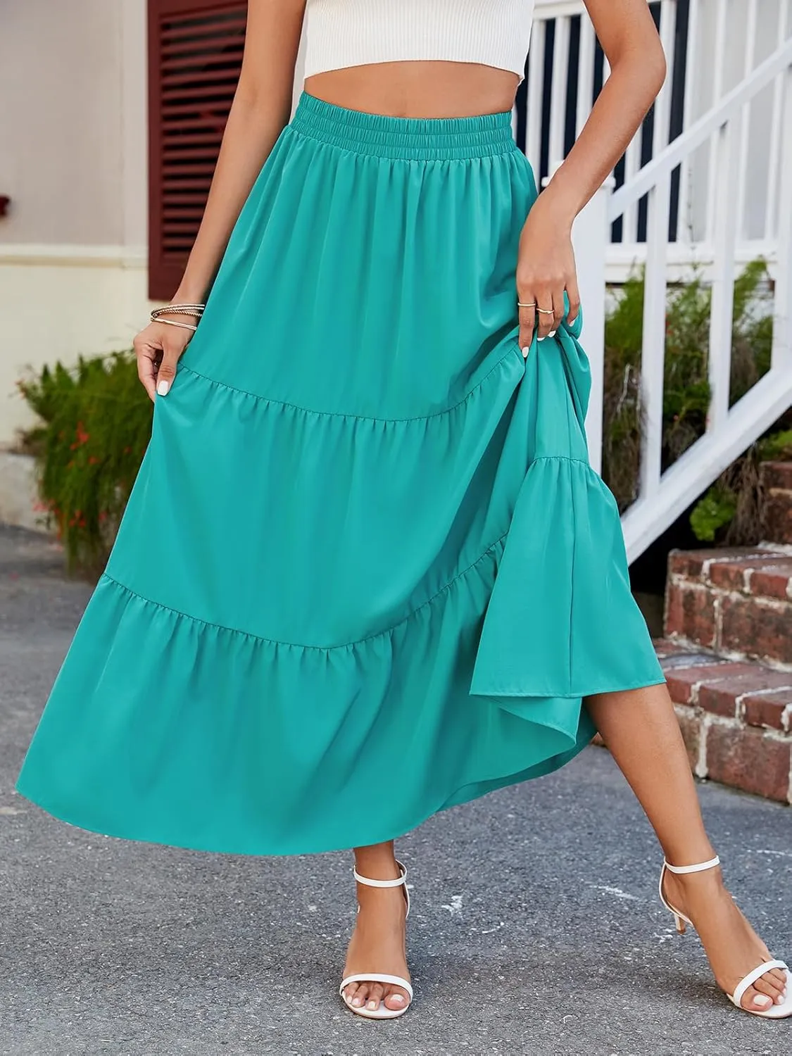 HUSKARY Women Summer Maxi Skirt Casual Elastic High Waist Pleated A-Line Flowy Swing Tiered Beach Vacation Skirts