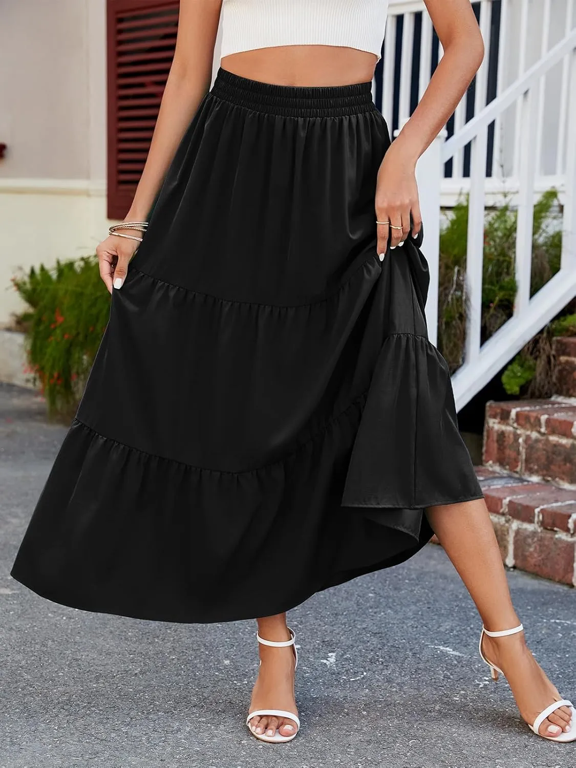 HUSKARY Women Summer Maxi Skirt Casual Elastic High Waist Pleated A-Line Flowy Swing Tiered Beach Vacation Skirts
