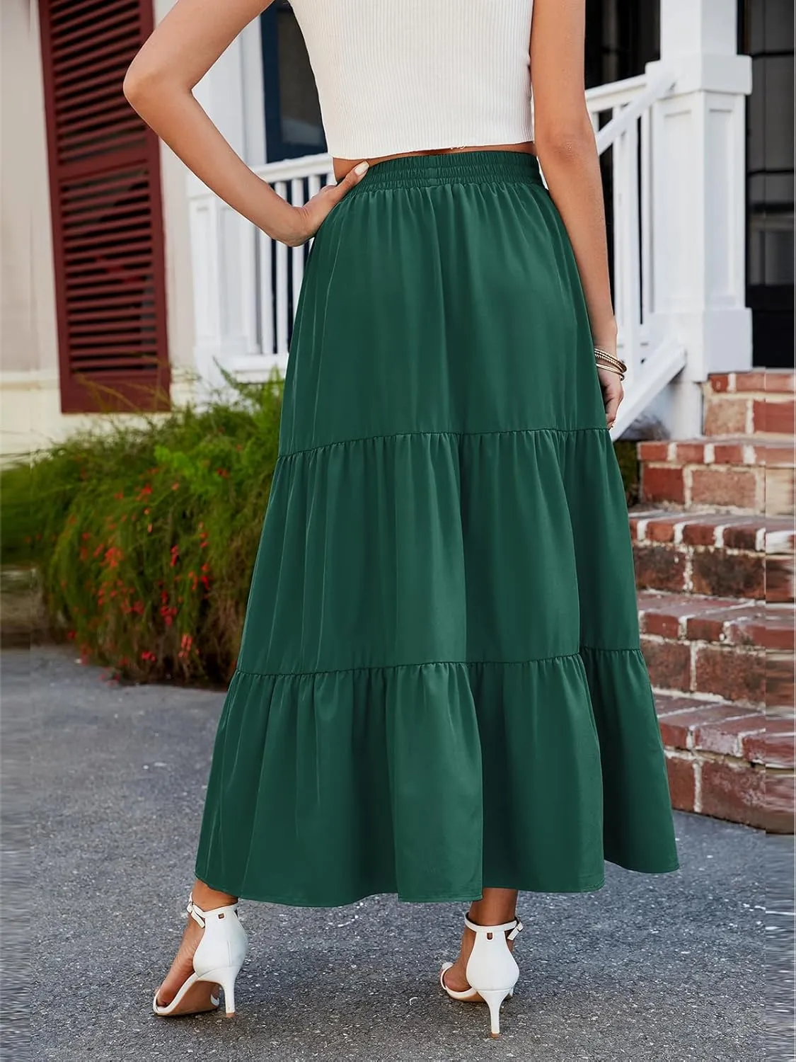 HUSKARY Women Summer Maxi Skirt Casual Elastic High Waist Pleated A-Line Flowy Swing Tiered Beach Vacation Skirts