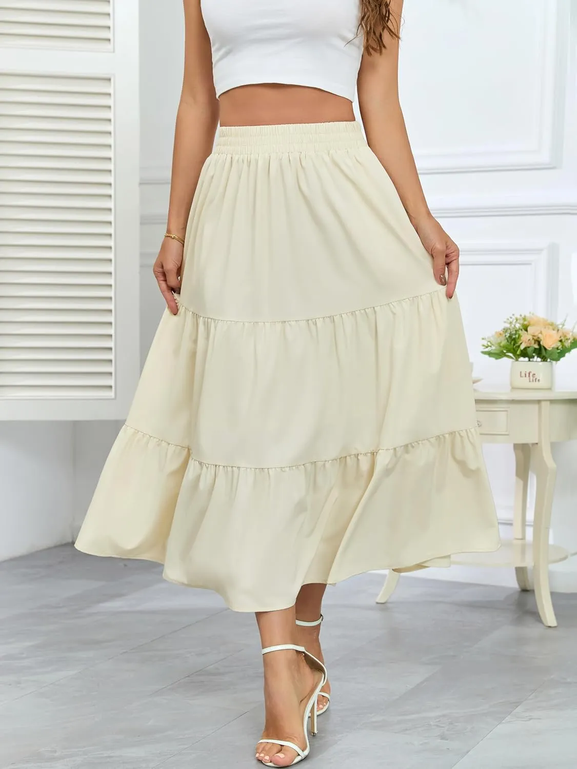 HUSKARY Women Summer Maxi Skirt Casual Elastic High Waist Pleated A-Line Flowy Swing Tiered Beach Vacation Skirts