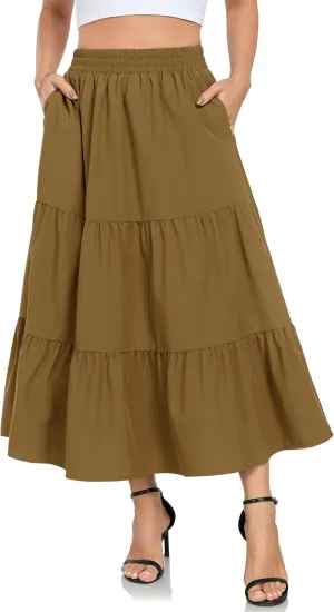 HUSKARY Women Summer Maxi Skirt Casual Elastic High Waist Pleated A-Line Flowy Swing Tiered Beach Vacation Skirts