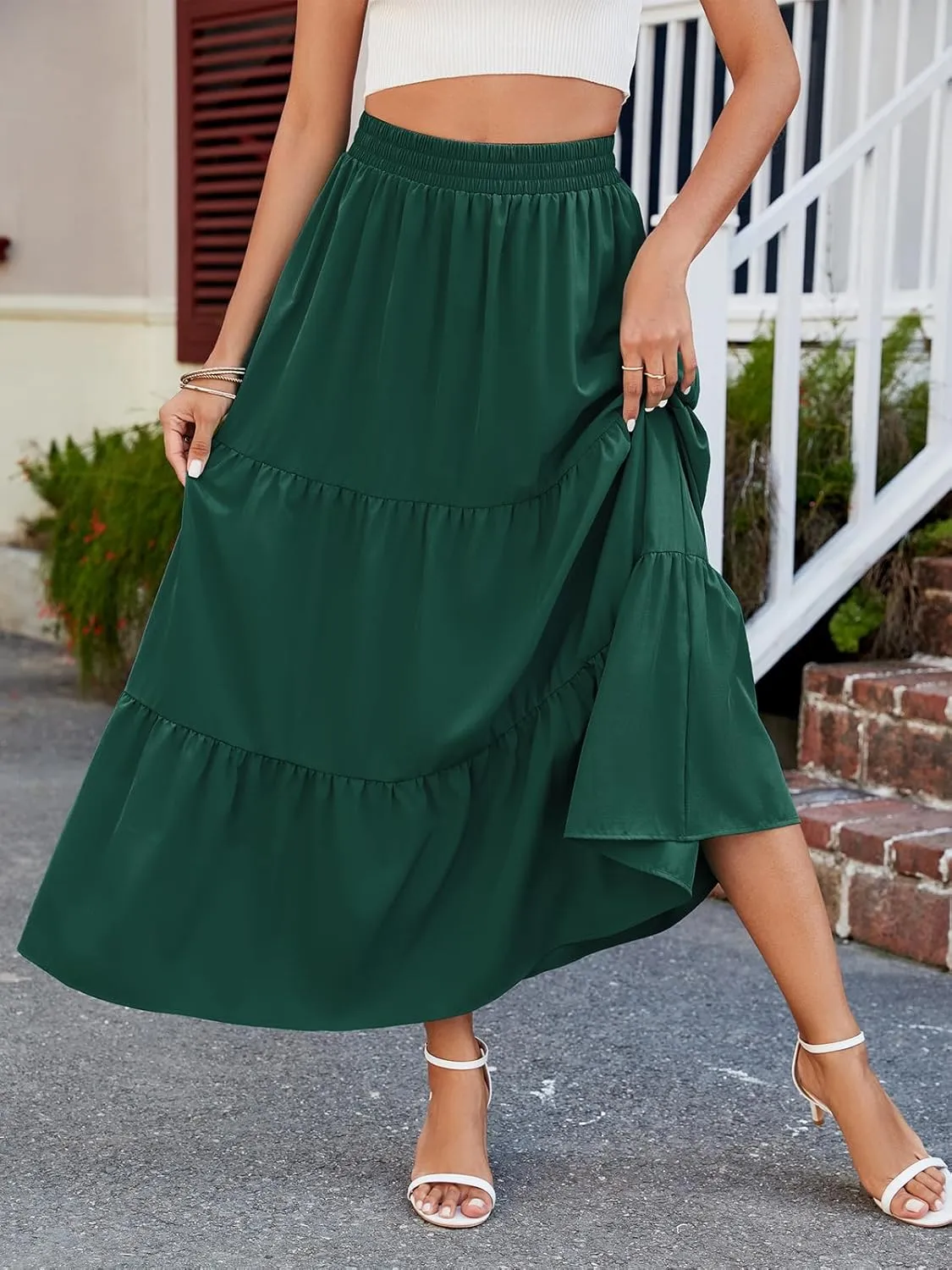 HUSKARY Women Summer Maxi Skirt Casual Elastic High Waist Pleated A-Line Flowy Swing Tiered Beach Vacation Skirts