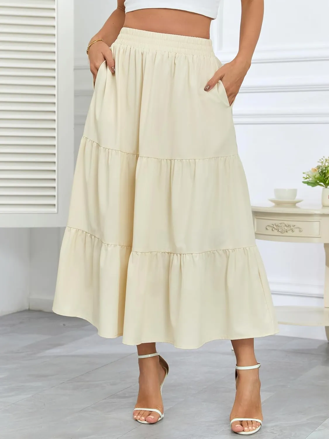 HUSKARY Women Summer Maxi Skirt Casual Elastic High Waist Pleated A-Line Flowy Swing Tiered Beach Vacation Skirts