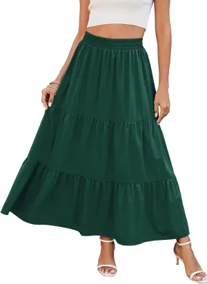HUSKARY Women Summer Maxi Skirt Casual Elastic High Waist Pleated A-Line Flowy Swing Tiered Beach Vacation Skirts