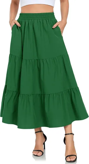 HUSKARY Women Summer Maxi Skirt Casual Elastic High Waist Pleated A-Line Flowy Swing Tiered Beach Vacation Skirts
