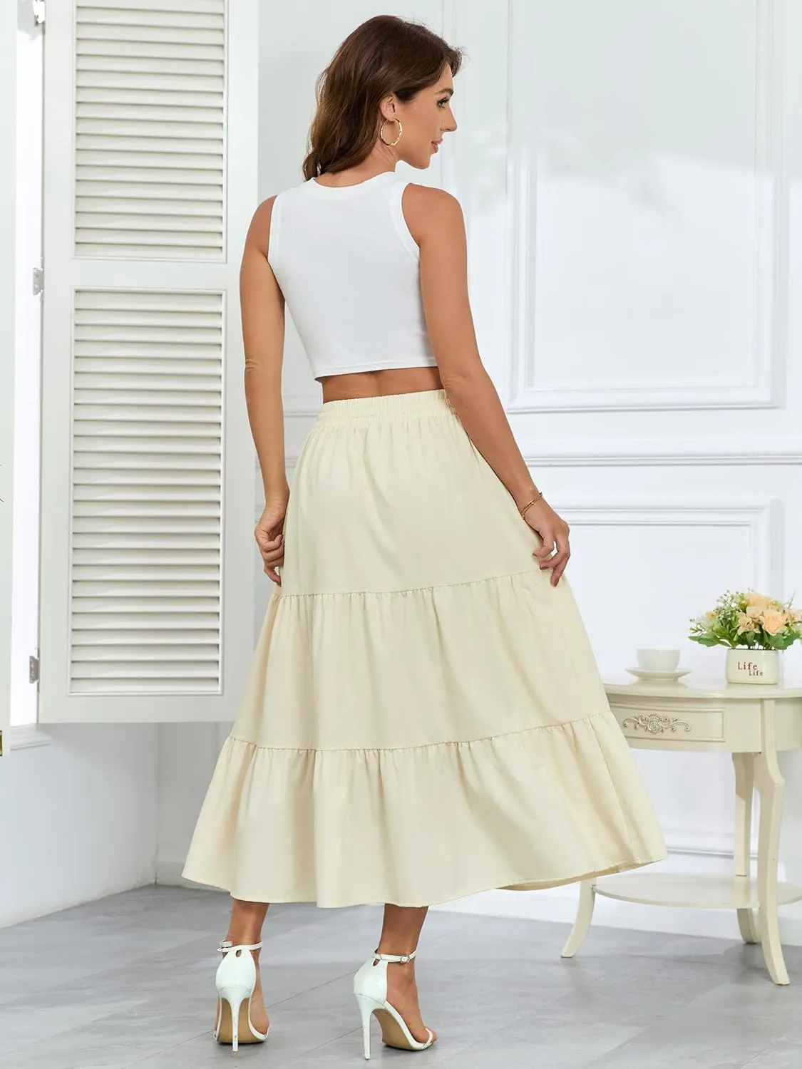 HUSKARY Women Summer Maxi Skirt Casual Elastic High Waist Pleated A-Line Flowy Swing Tiered Beach Vacation Skirts