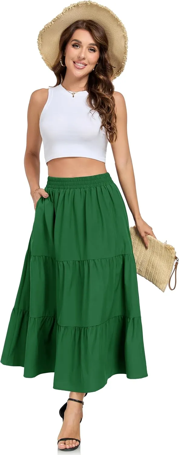 HUSKARY Women Summer Maxi Skirt Casual Elastic High Waist Pleated A-Line Flowy Swing Tiered Beach Vacation Skirts
