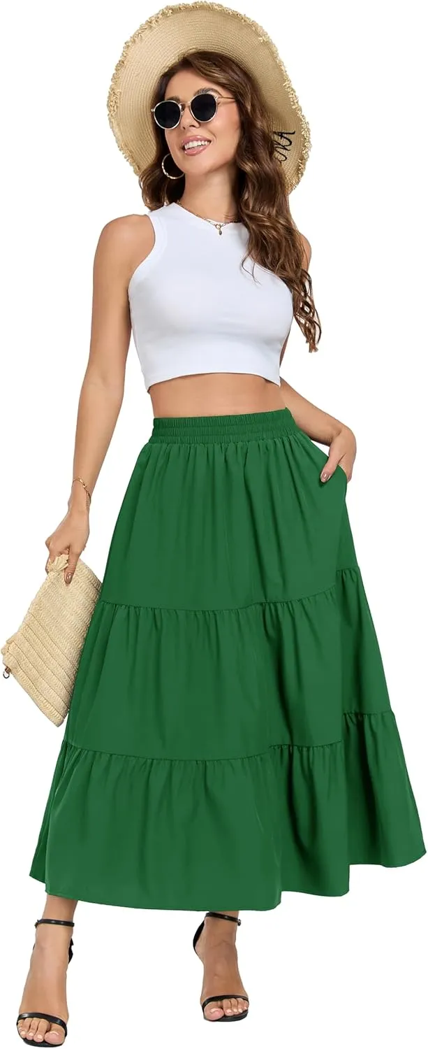 HUSKARY Women Summer Maxi Skirt Casual Elastic High Waist Pleated A-Line Flowy Swing Tiered Beach Vacation Skirts