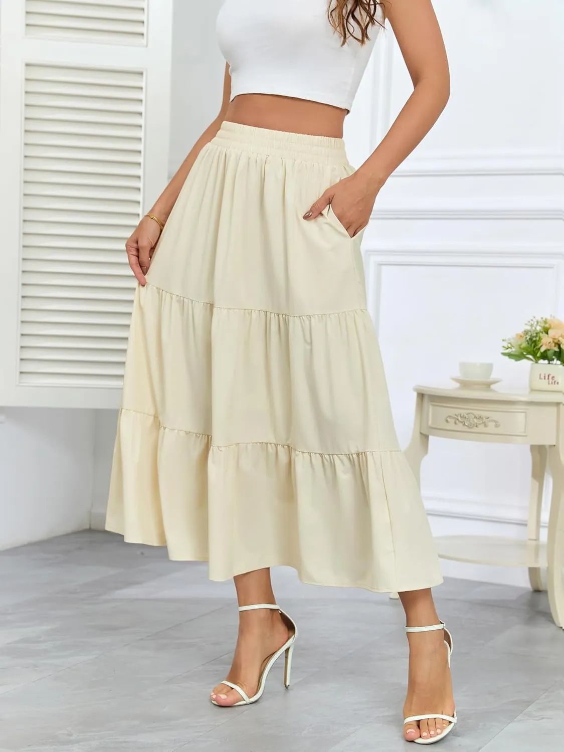 HUSKARY Women Summer Maxi Skirt Casual Elastic High Waist Pleated A-Line Flowy Swing Tiered Beach Vacation Skirts