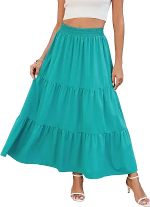 HUSKARY Women Summer Maxi Skirt Casual Elastic High Waist Pleated A-Line Flowy Swing Tiered Beach Vacation Skirts