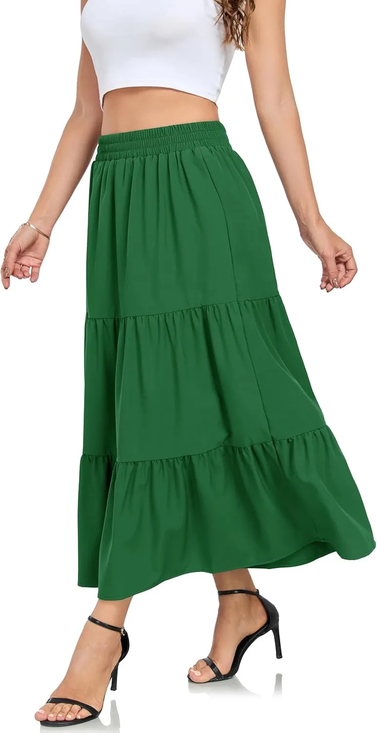 HUSKARY Women Summer Maxi Skirt Casual Elastic High Waist Pleated A-Line Flowy Swing Tiered Beach Vacation Skirts