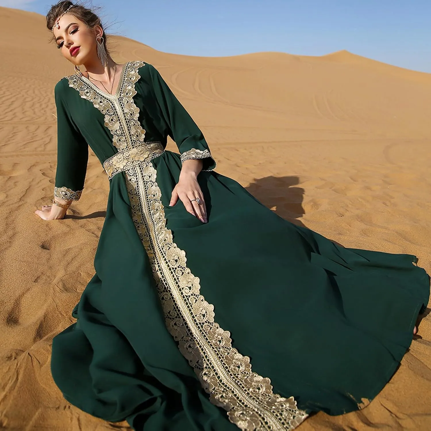 IDOPIP Embroidery Abayas for Women Muslim Moroccan Floral Maxi Kaftan Dress Arabic Islamic Dubai Robe Ramadan Prayer Clothes