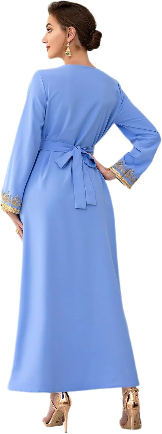 IDOPIP Embroidery Abayas for Women Muslim Moroccan Floral Maxi Kaftan Dress Arabic Islamic Dubai Robe Ramadan Prayer Clothes