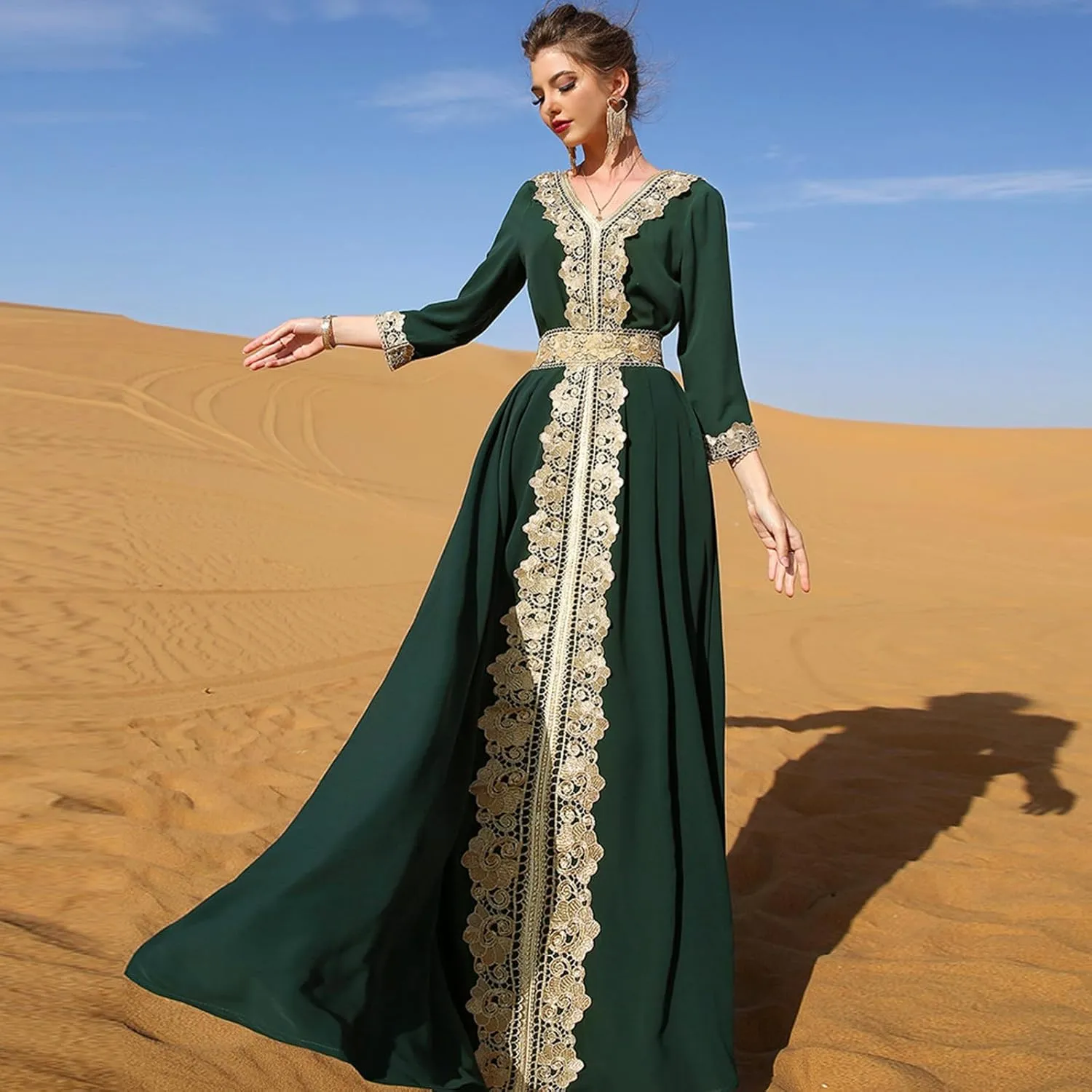 IDOPIP Embroidery Abayas for Women Muslim Moroccan Floral Maxi Kaftan Dress Arabic Islamic Dubai Robe Ramadan Prayer Clothes