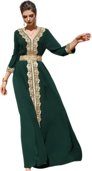 IDOPIP Embroidery Abayas for Women Muslim Moroccan Floral Maxi Kaftan Dress Arabic Islamic Dubai Robe Ramadan Prayer Clothes