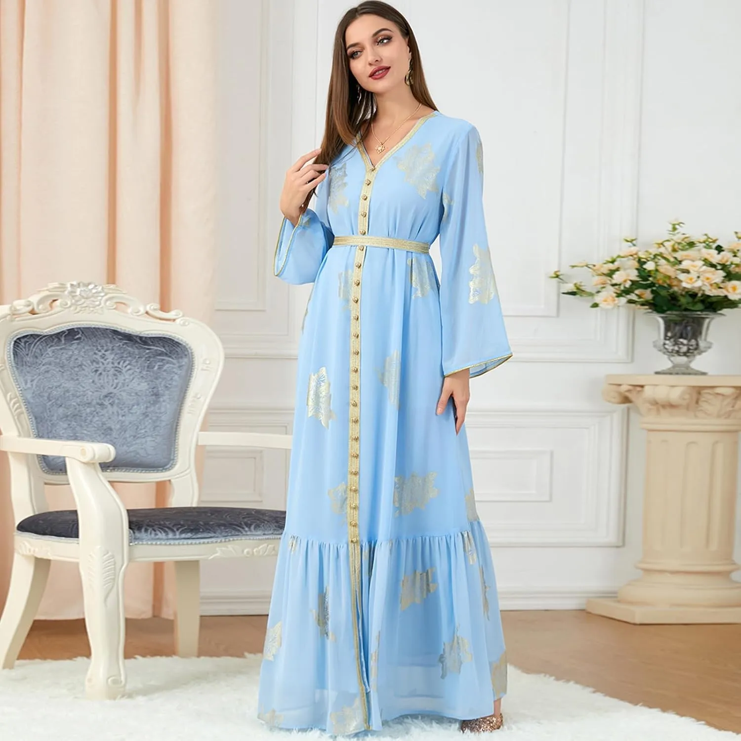 IDOPIP Embroidery Abayas for Women Muslim Moroccan Floral Maxi Kaftan Dress Arabic Islamic Dubai Robe Ramadan Prayer Clothes