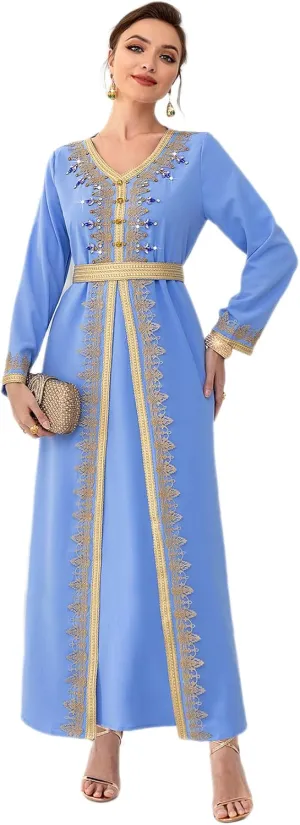 IDOPIP Embroidery Abayas for Women Muslim Moroccan Floral Maxi Kaftan Dress Arabic Islamic Dubai Robe Ramadan Prayer Clothes