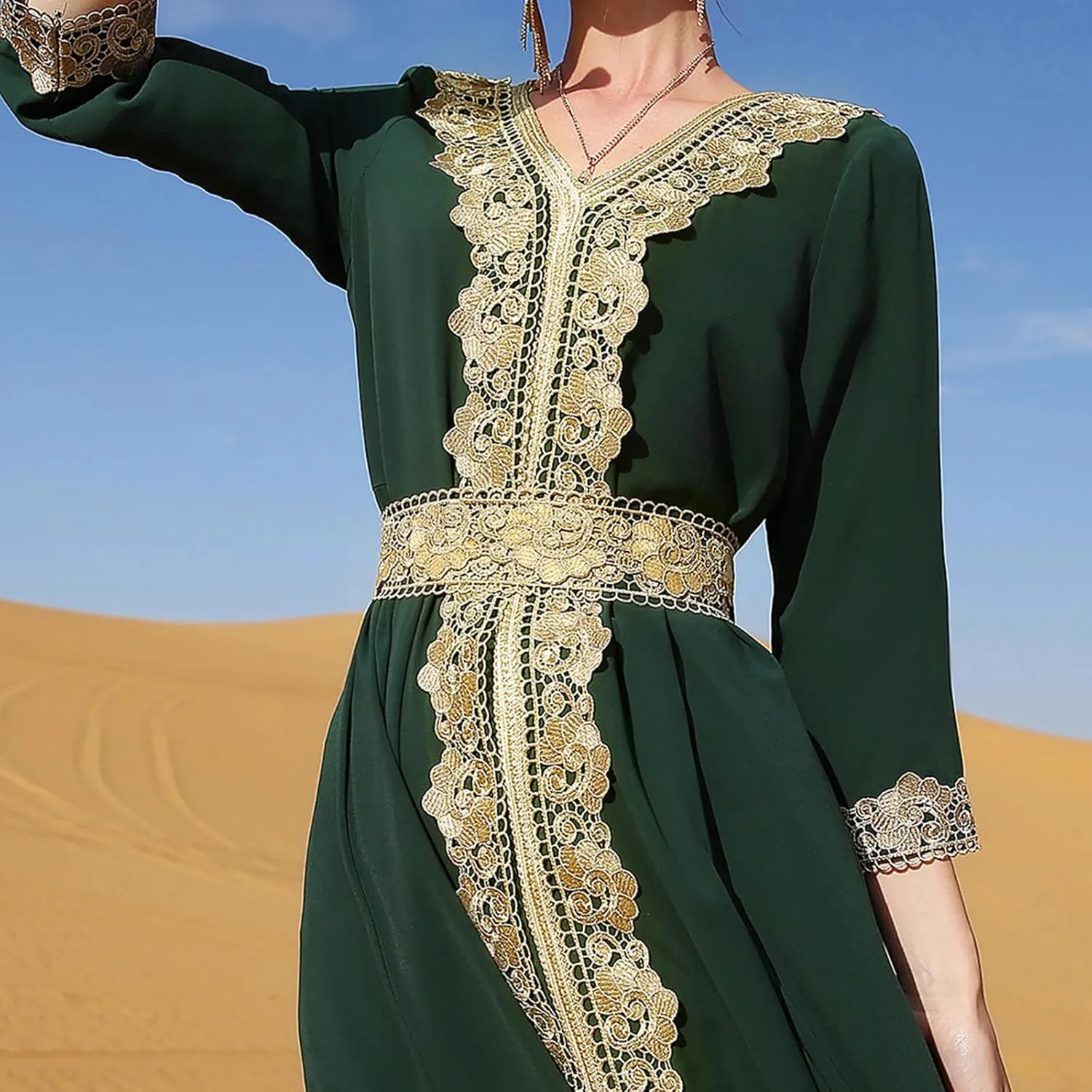 IDOPIP Embroidery Abayas for Women Muslim Moroccan Floral Maxi Kaftan Dress Arabic Islamic Dubai Robe Ramadan Prayer Clothes
