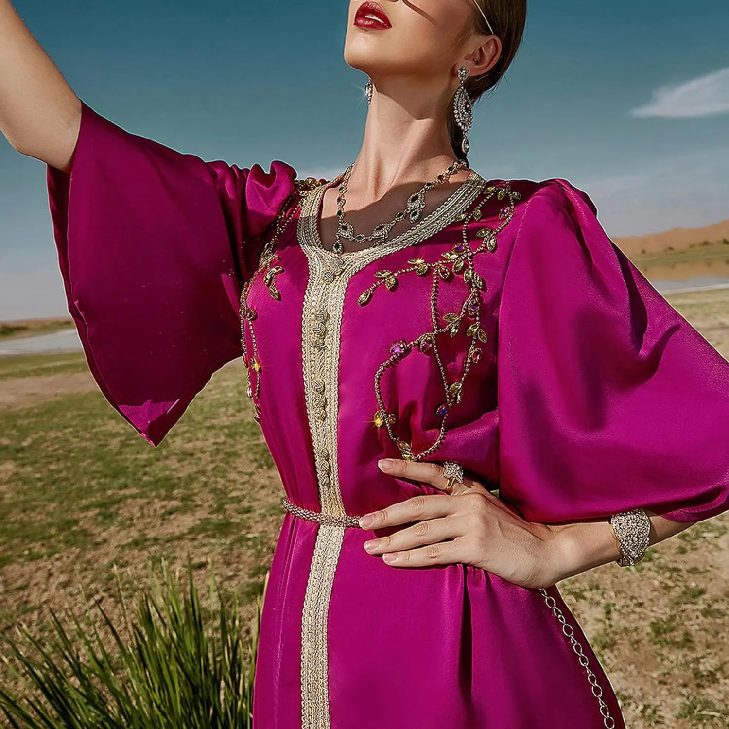 IDOPIP Embroidery Abayas for Women Muslim Moroccan Floral Maxi Kaftan Dress Arabic Islamic Dubai Robe Ramadan Prayer Clothes